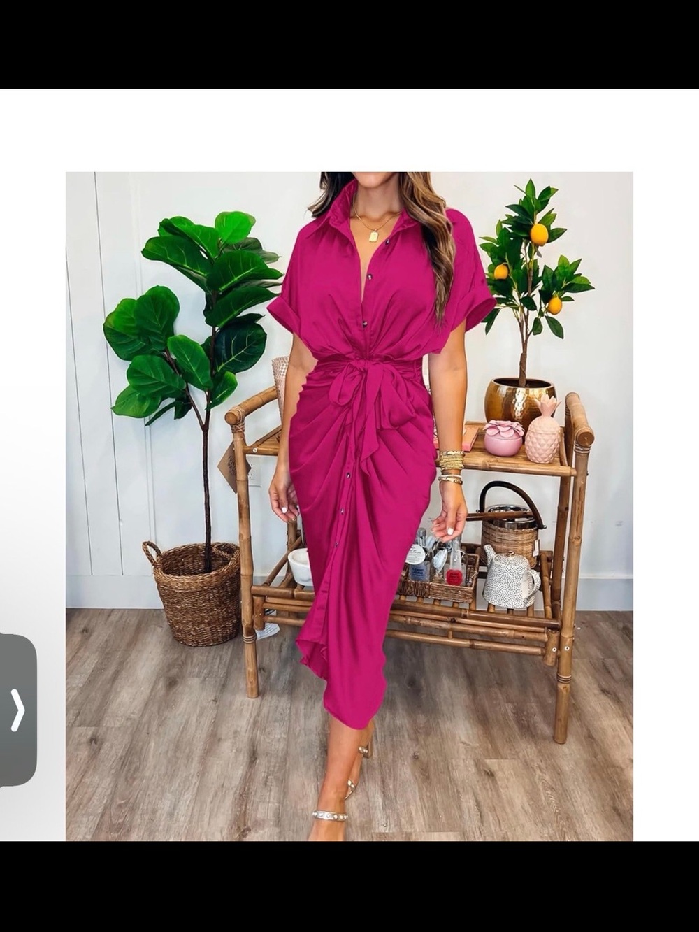 Women's Fuchsia Button-Front Tie-Waist Midi Dress